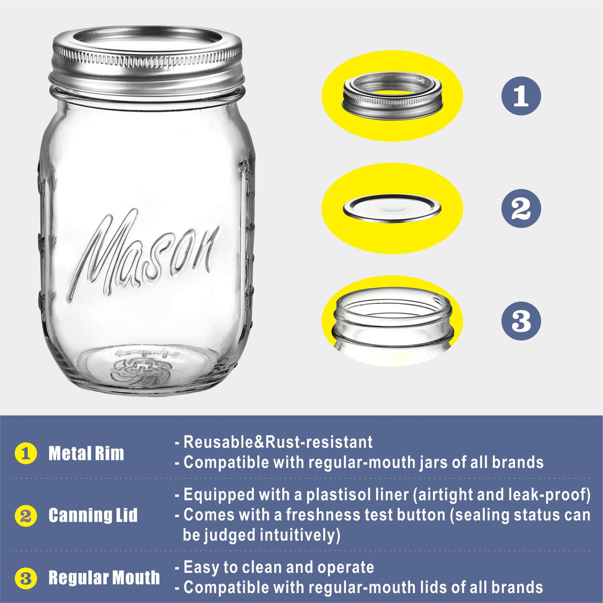16 oz 6-Pack Regular Mouth Glass Mason Jars with Airtight Lids H7749