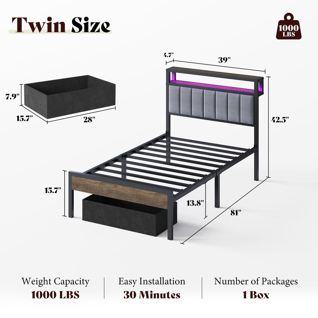 Twin Bed Frame with LED Lights & 2-Tier Storage Headboard R878931