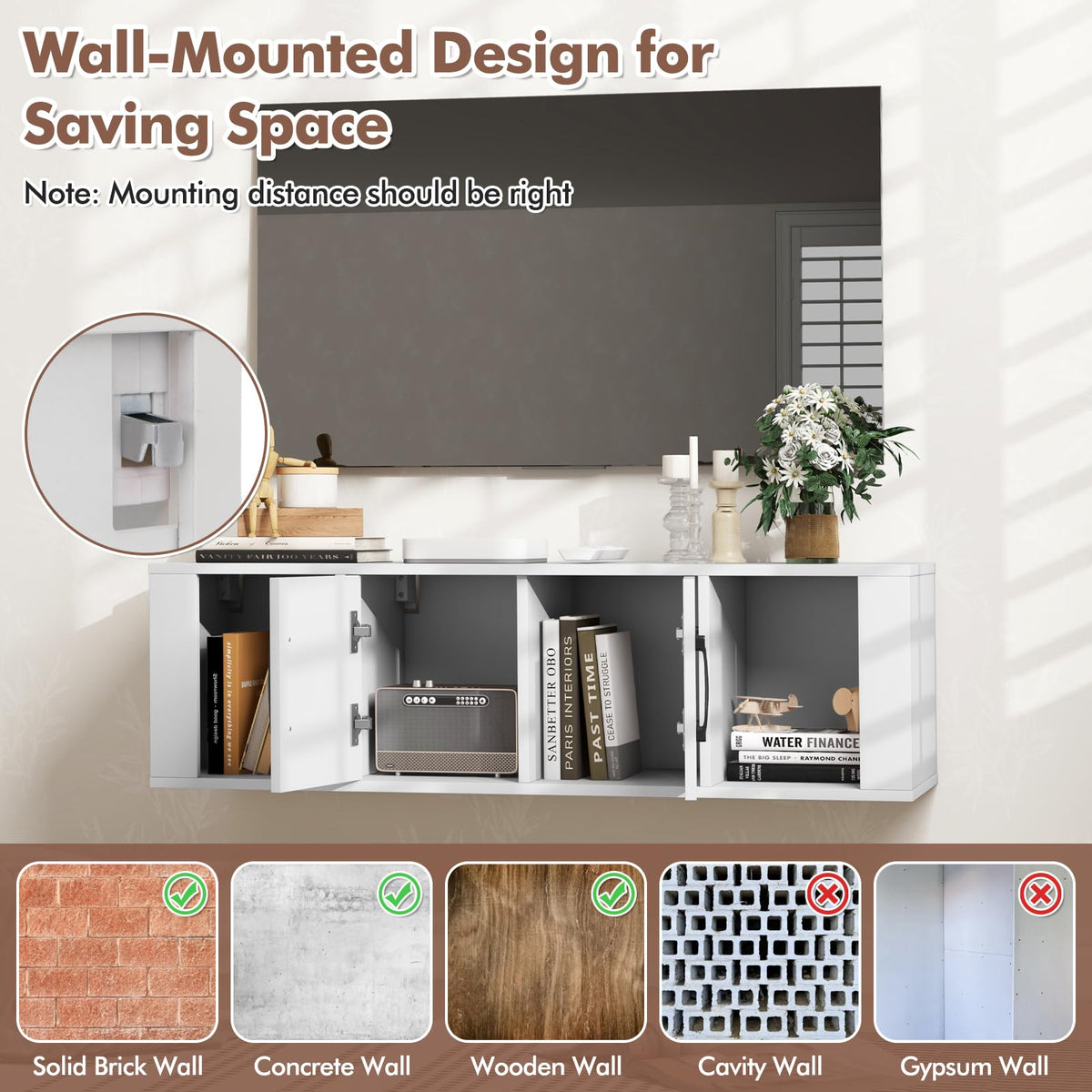 Wall Mounted Storage Cabinet, 2 Cube Floating Desk with Doors, White C1198