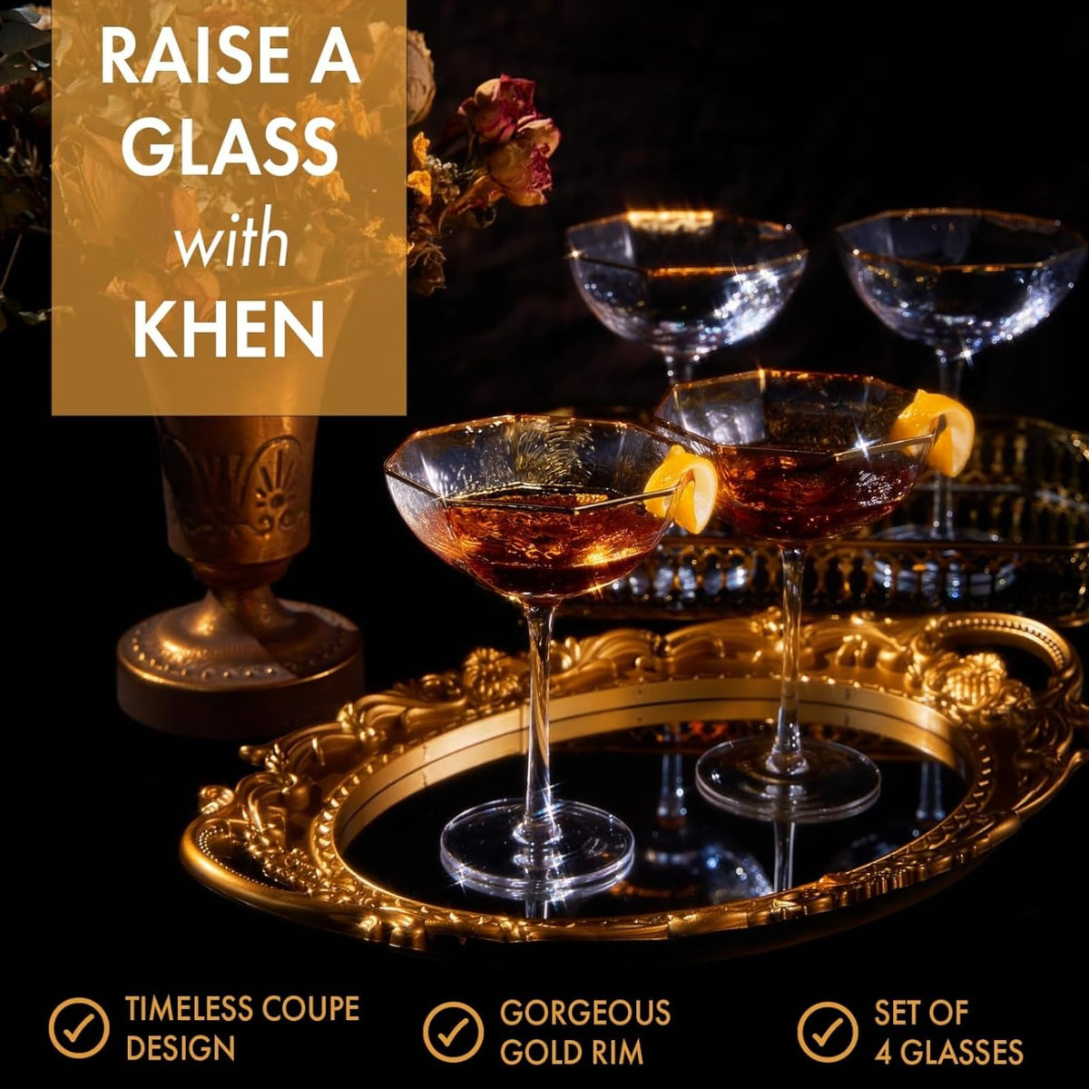 Champagne Coupe Glasses Set of 4 Gold Rim J8422
