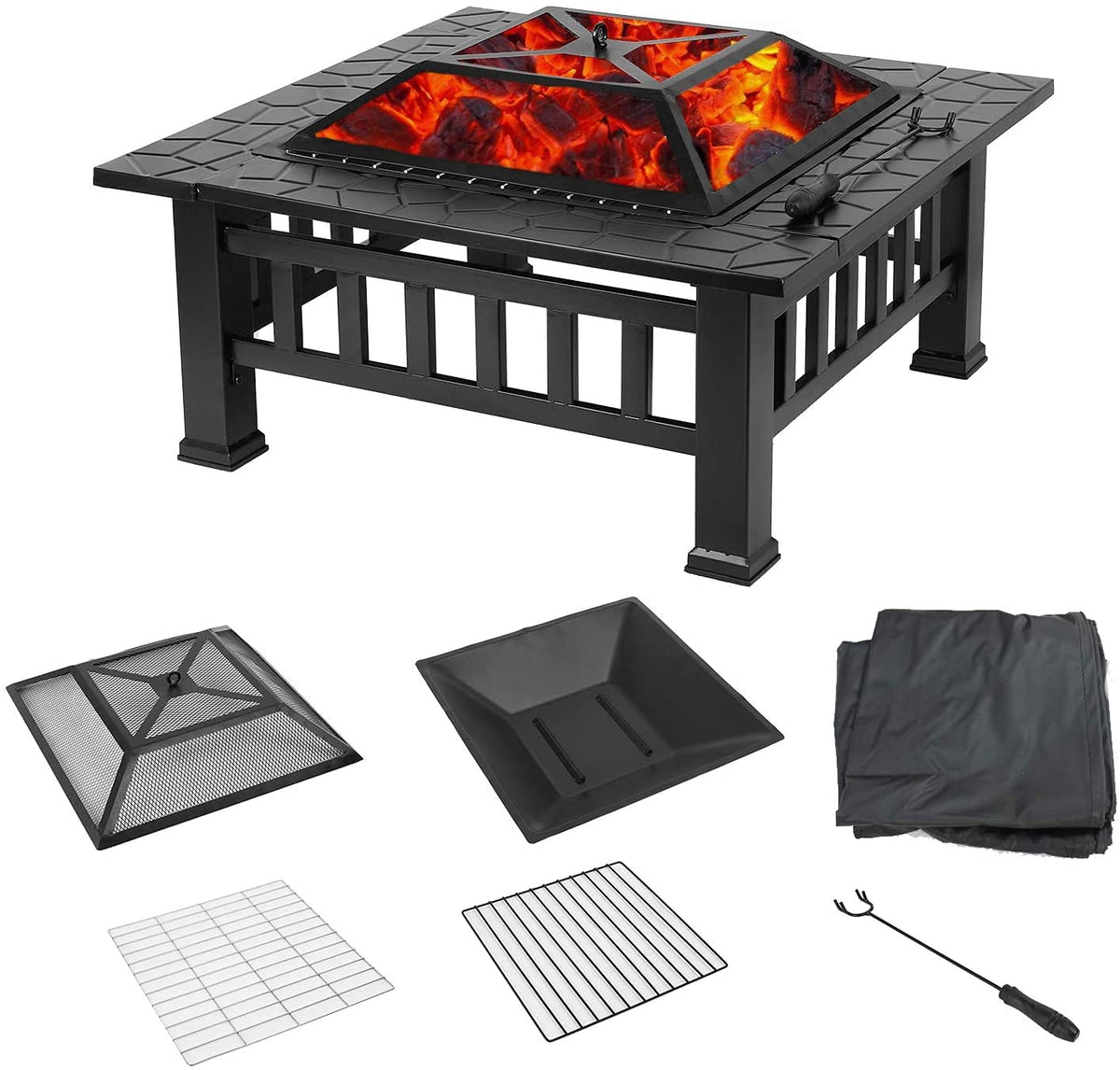 32'' Wood Burning Square Fire Pit with Grill Grate W806452