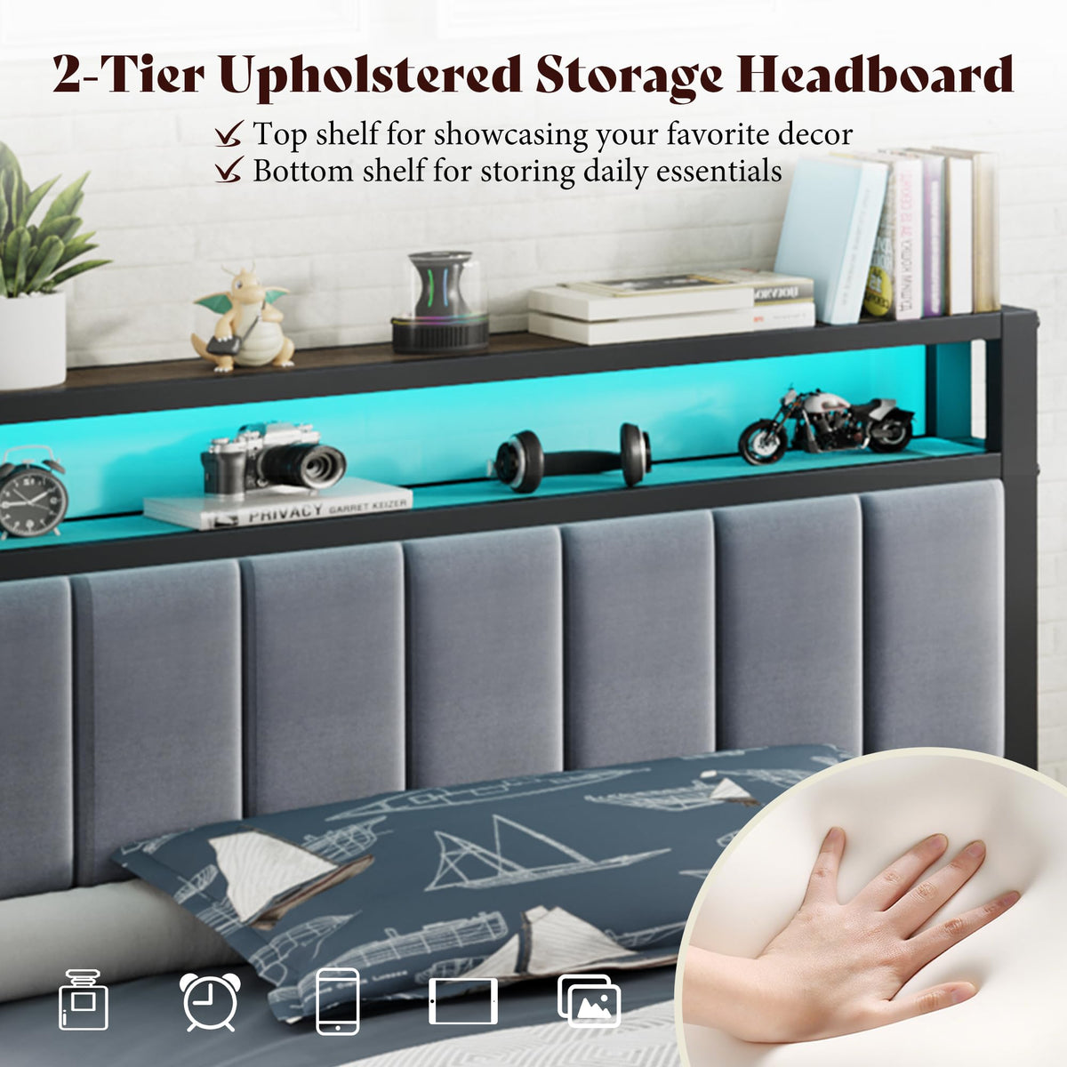Twin Bed Frame with LED Lights & 2-Tier Storage Headboard R878931
