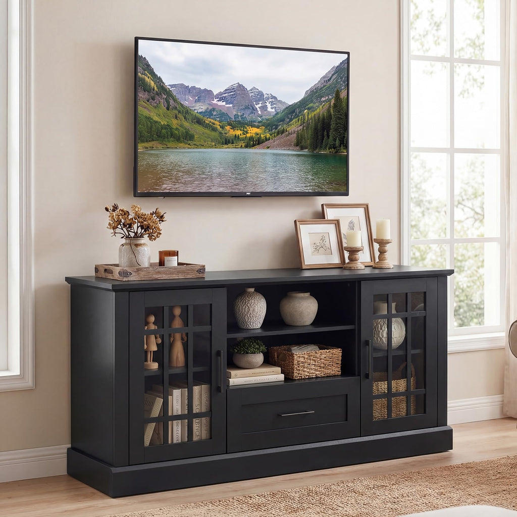 Black Wood TV Stand with 2 Glass Cabinets and 1 Drawer Q2893
