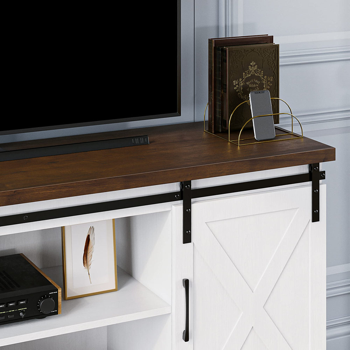 65 Inch TV Stand with Sliding Barn Doors and Storage Cabinet F80729