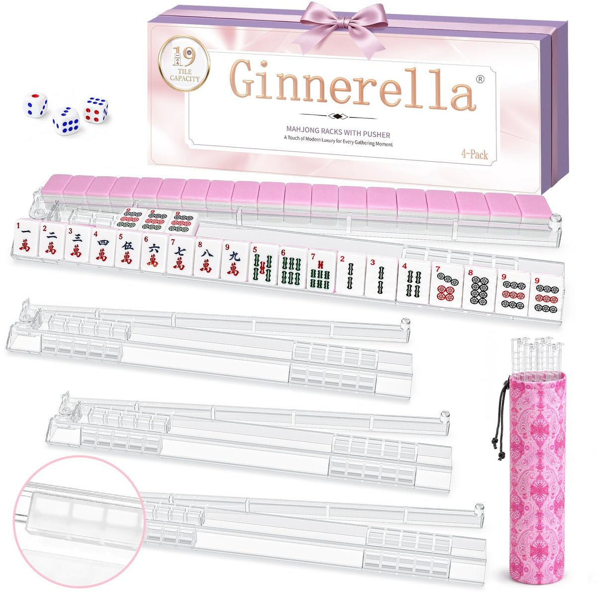 Set of 4 Clear Acrylic Non-slip Mahjong Racks with Pushers L7930