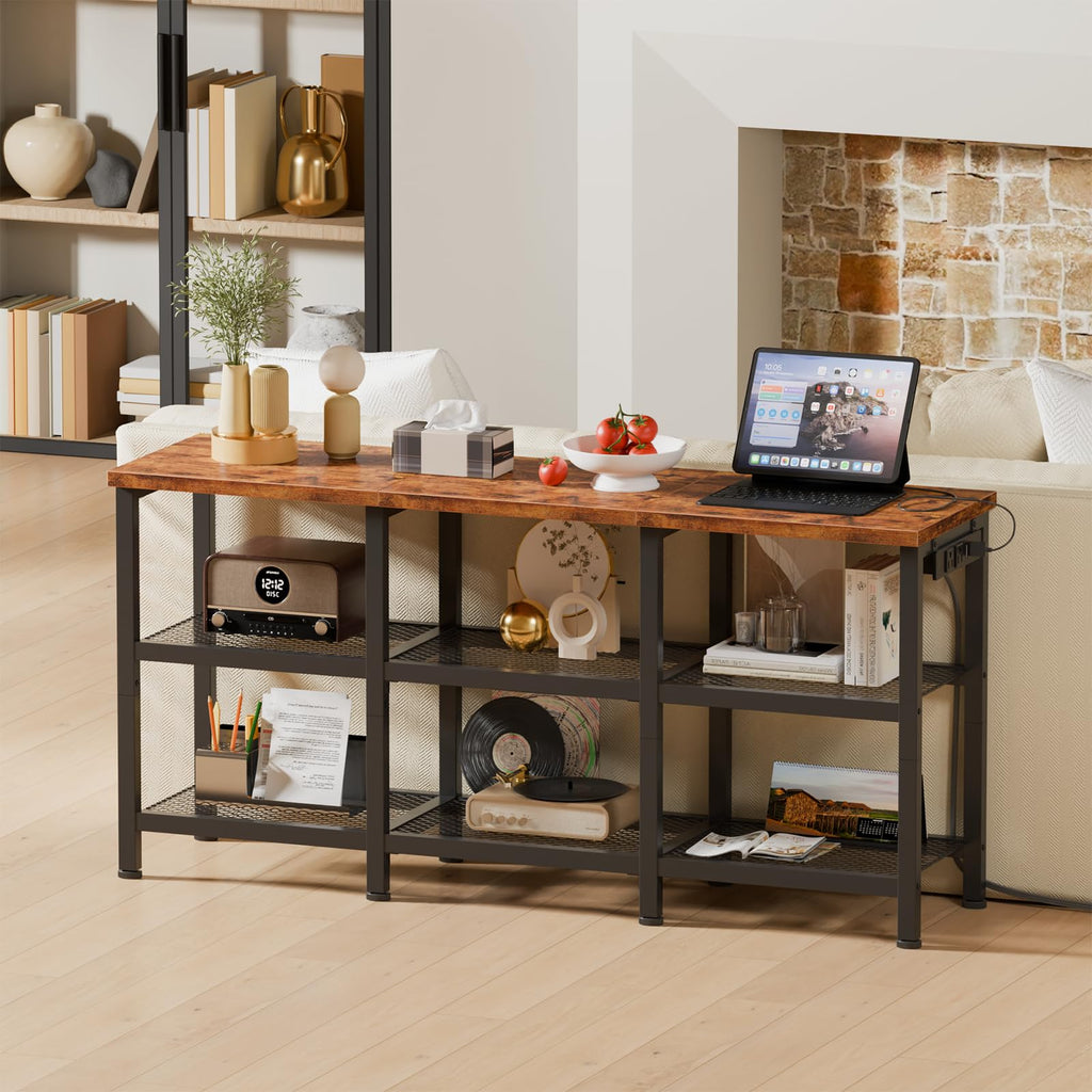 Rustic Brown TV Stand with Power Outlets and Open Storage Shelves L6655