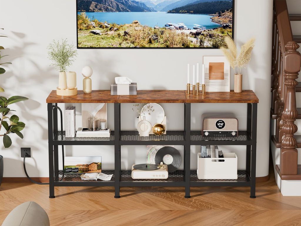 Rustic Brown TV Stand with Power Outlets and Open Storage Shelves L6655