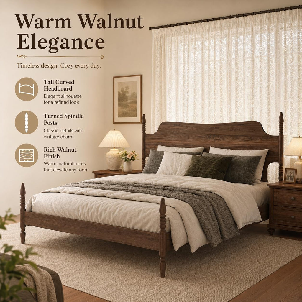King Size Wood Platform Bed Frame with Curved Headboard S6705