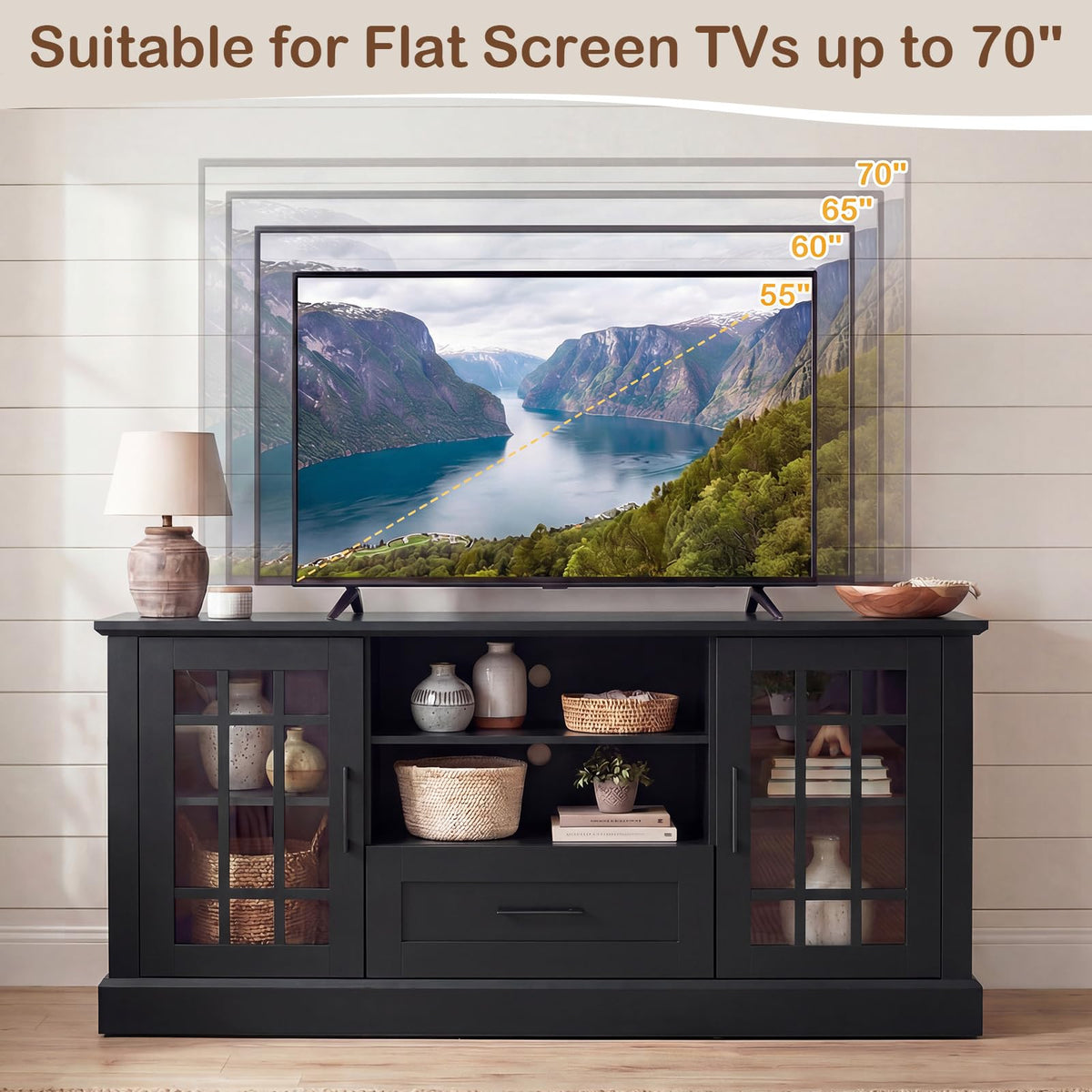Black Wood TV Stand with 2 Glass Cabinets and 1 Drawer Q2893