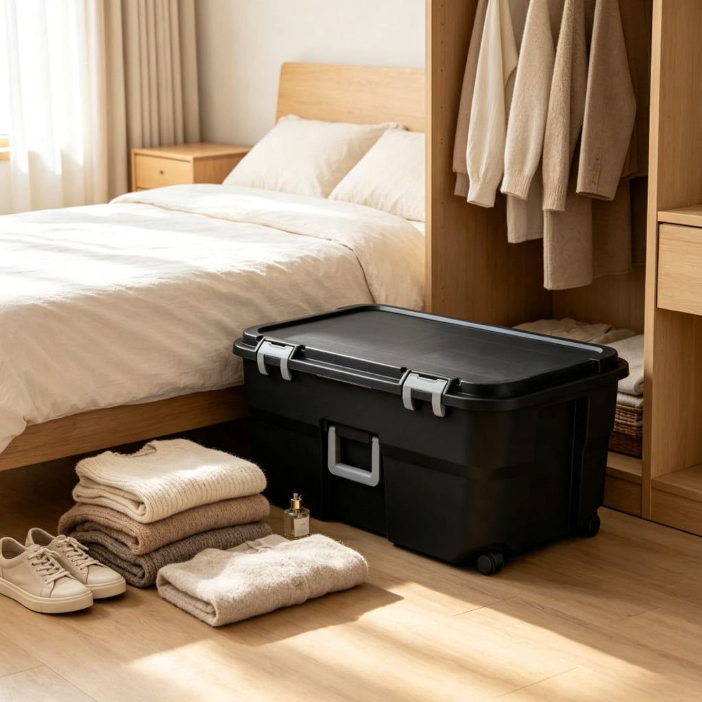 Black Lockable Wheeled Plastic Storage Footlocker N90192