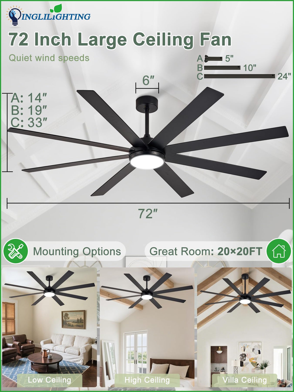 Black 72in Ceiling Fan with Lights A276766