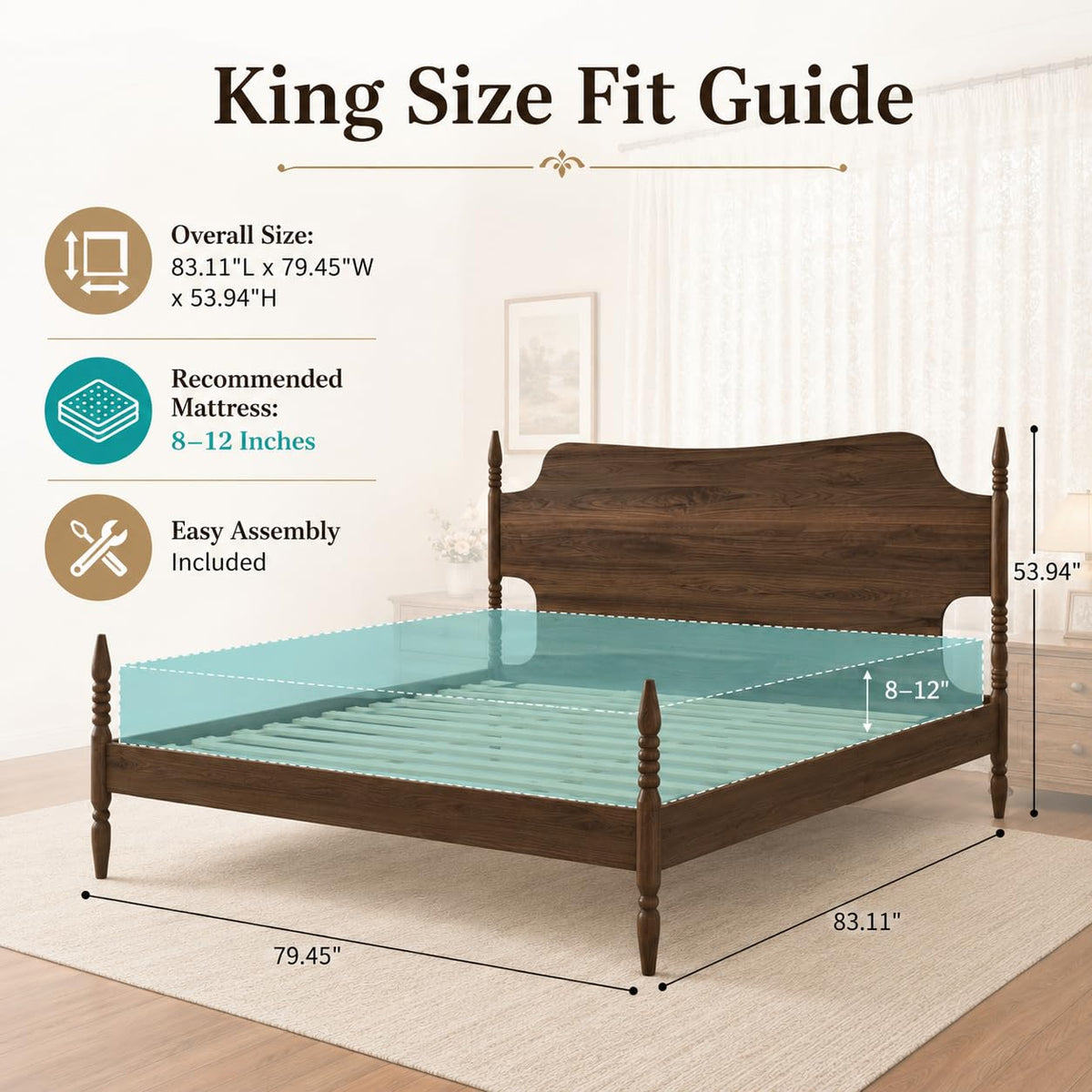 King Size Wood Platform Bed Frame with Curved Headboard S6705