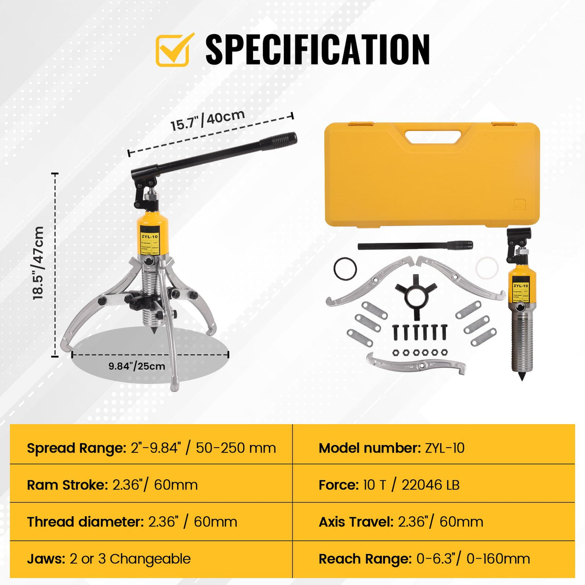 Hydraulic Gear Puller 10 Ton 2 or 3 Jaws with Case X270729