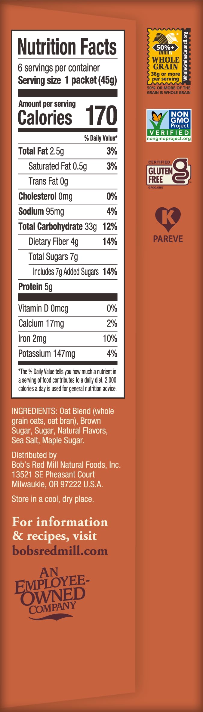 Instant Oatmeal, Maple Brown Sugar, 24 Packets, Gluten Free, Whole Grain Y91414