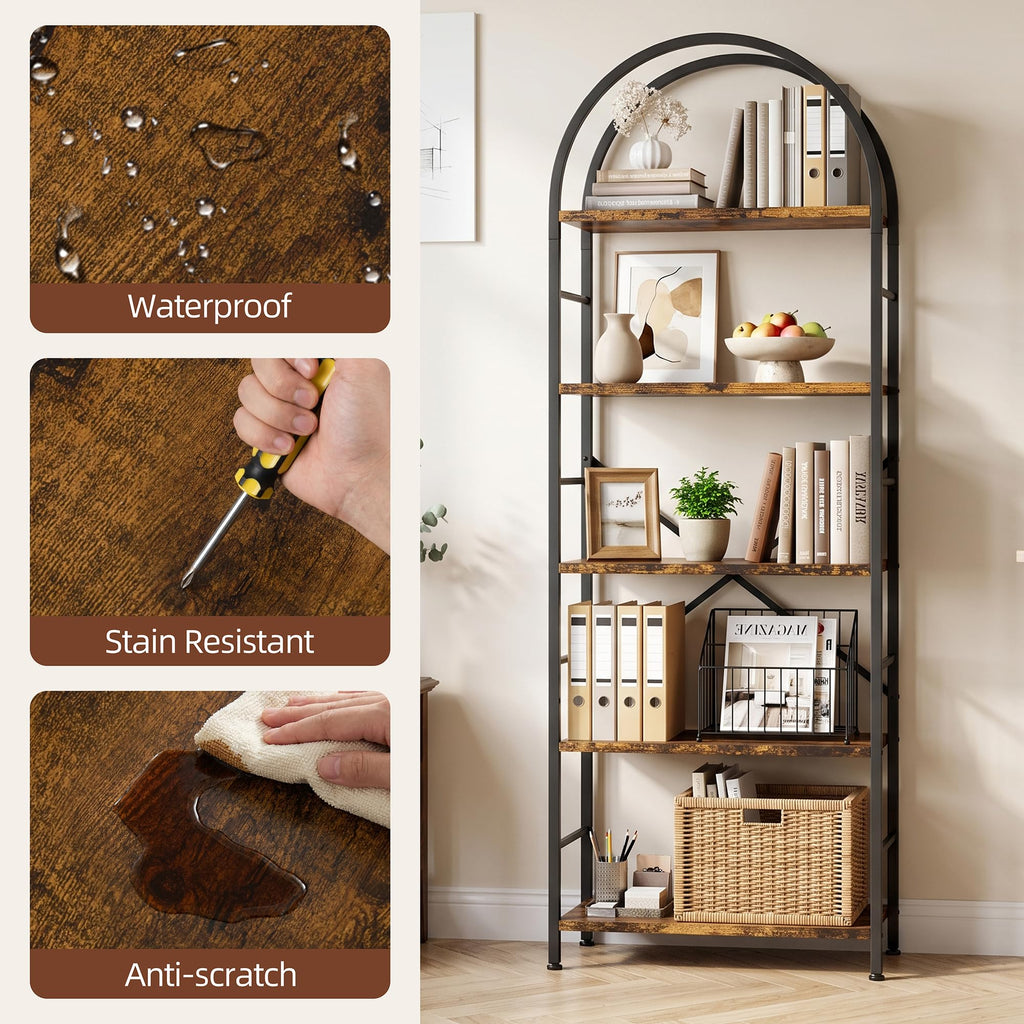 5 Tier Rustic Brown Bookshelf with Metal Frame R71474