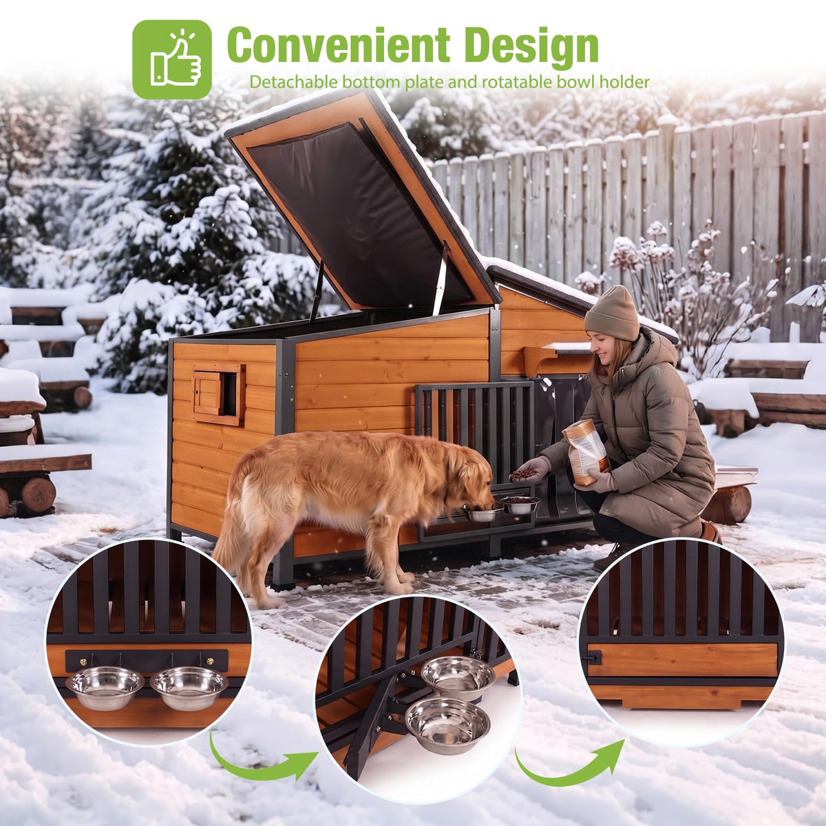 60" Heated Dog House with Heated Pad and Rotating Food Bowl X113545
