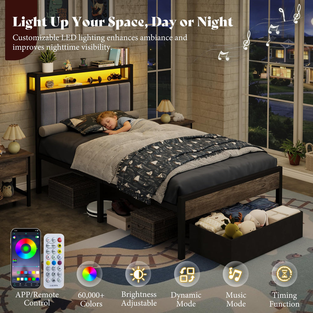 Twin Bed Frame with LED Lights & 2-Tier Storage Headboard R878931