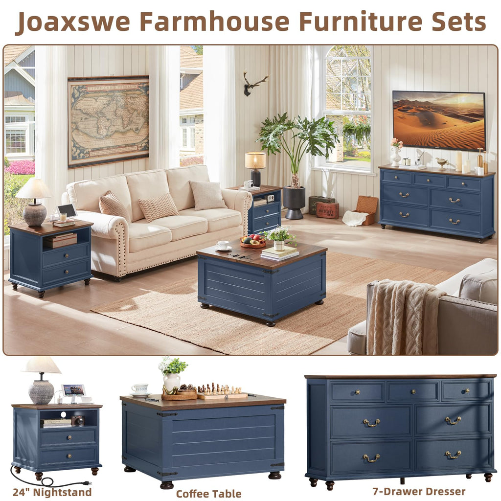 Blue 2 Drawer Nightstand Set of 2 with Charging Station H147