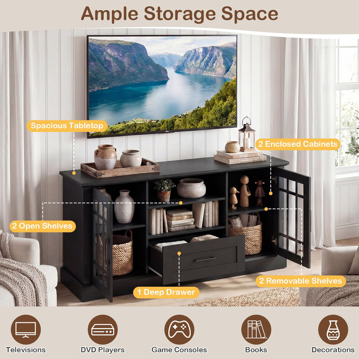 Black Wood TV Stand with 2 Glass Cabinets and 1 Drawer Q2893