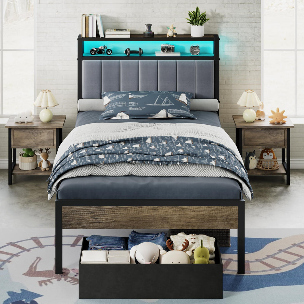Twin Bed Frame with LED Lights & 2-Tier Storage Headboard R878931