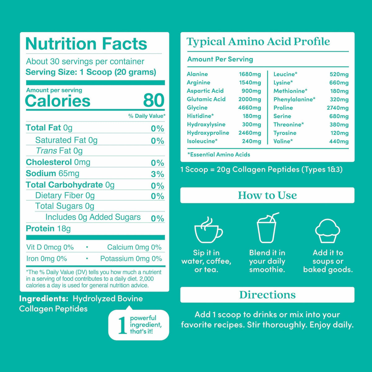 Unflavored Grass-Fed Collagen Peptides Powder 21.16 Oz E47445