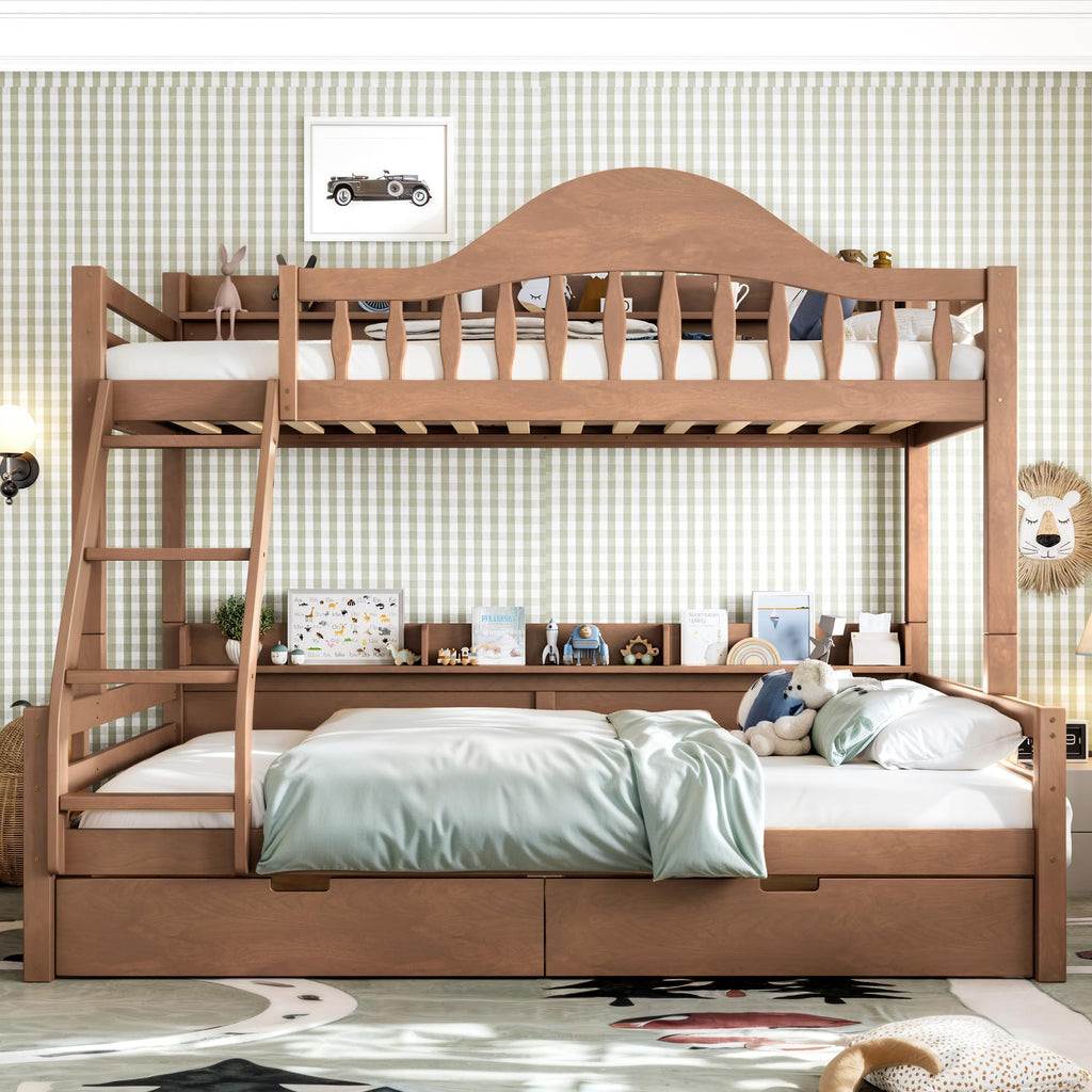 Twin Over Full Size Wooden Bunk Bed with Drawers & Ladder S507
