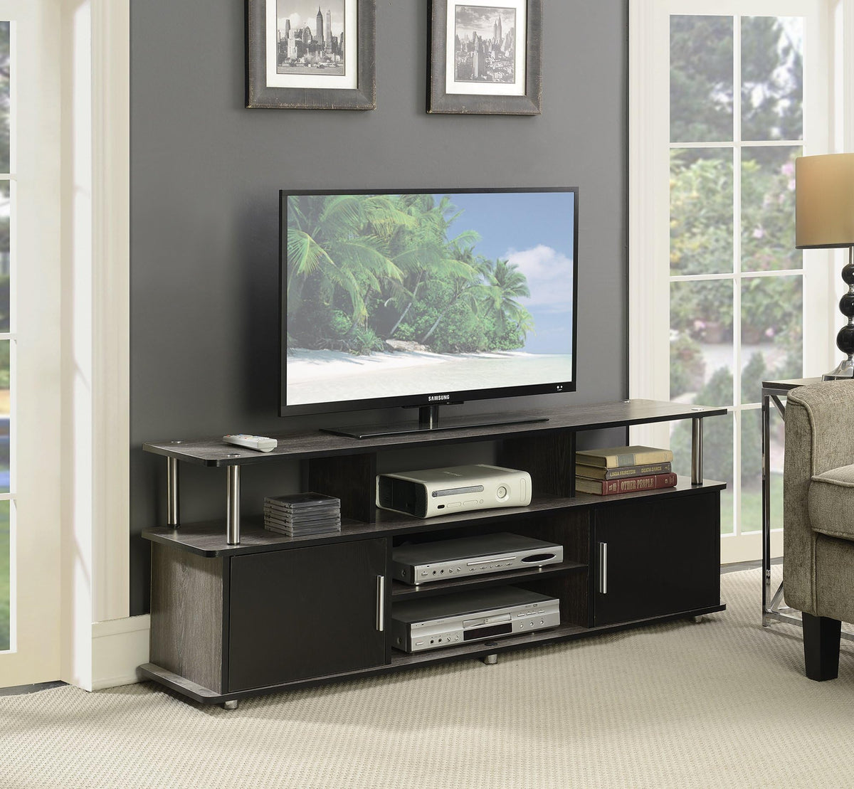 60" Weathered Gray Wood TV Stand with Cabinets and Shelves L478