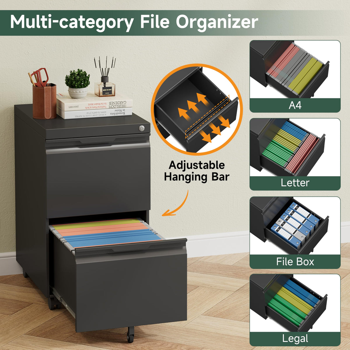 Black 2 Drawer Metal Rolling File Cabinet with Lock D164892