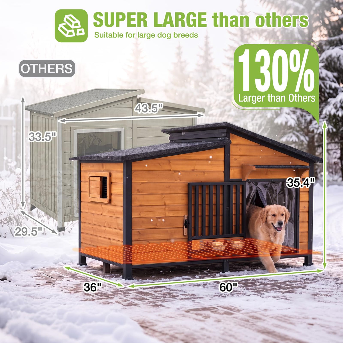 60" Heated Dog House with Heated Pad and Rotating Food Bowl X113545