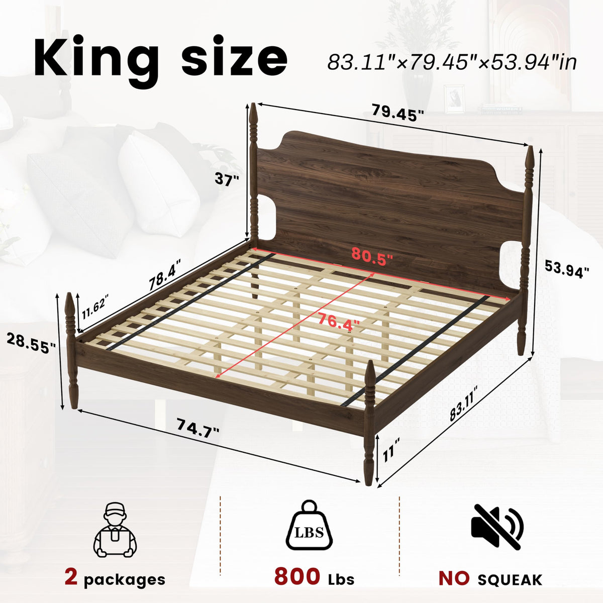 King Size Wood Platform Bed Frame with Curved Headboard S6705