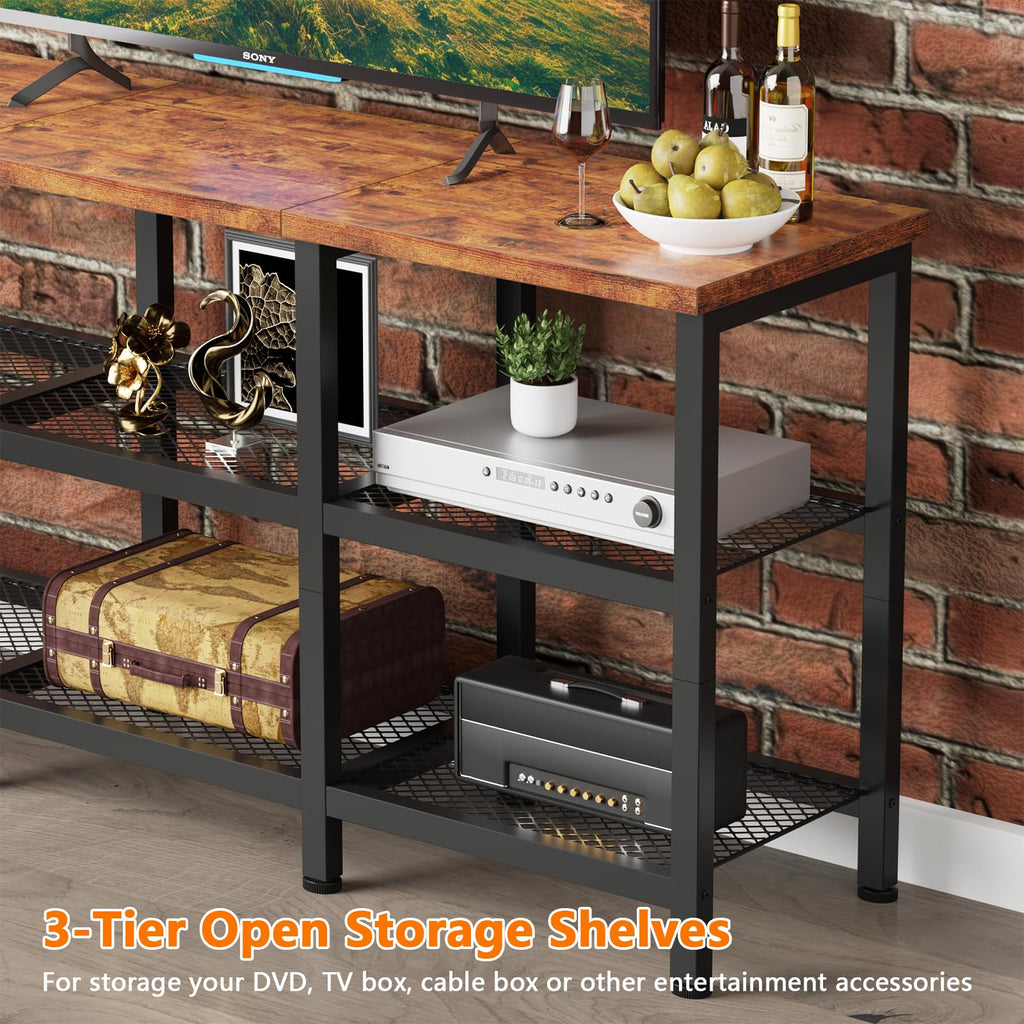 Rustic Brown TV Stand with Power Outlets and Open Storage Shelves L6655