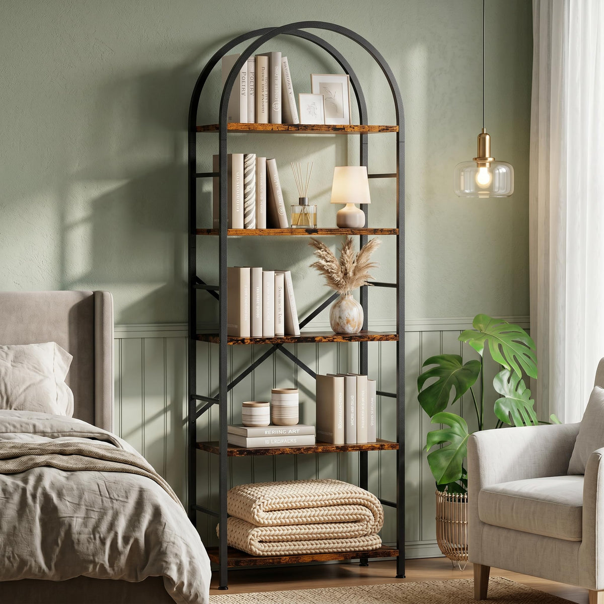 5 Tier Rustic Brown Bookshelf with Metal Frame R71474