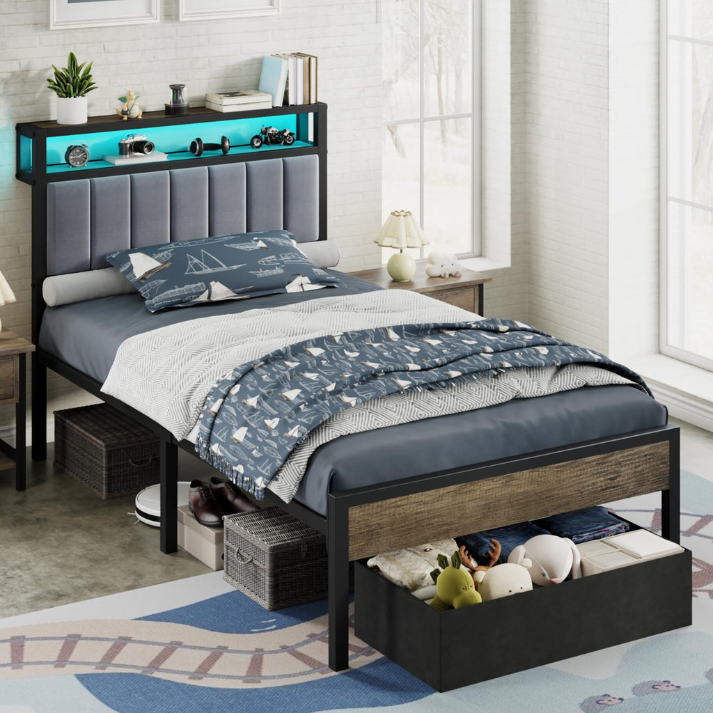 Twin Bed Frame with LED Lights & 2-Tier Storage Headboard R878931