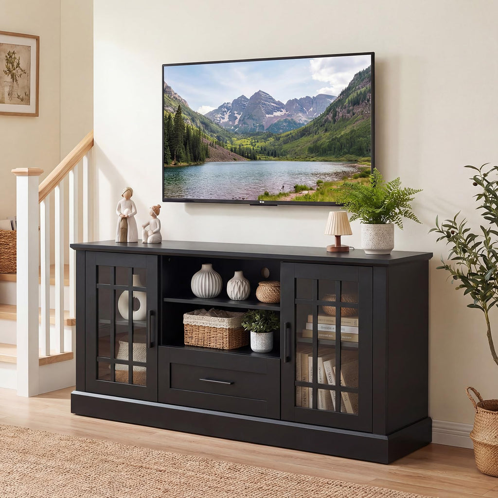 Black Wood TV Stand with 2 Glass Cabinets and 1 Drawer Q2893