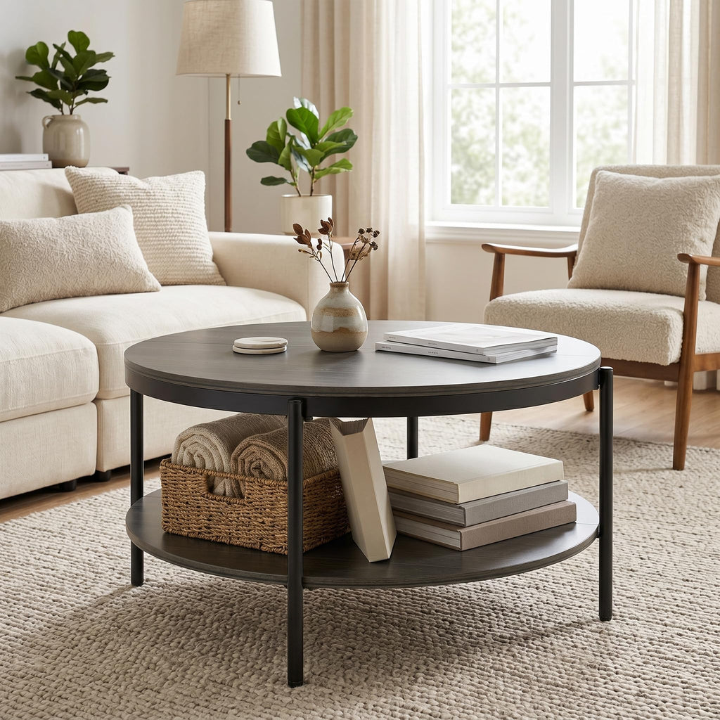 Round Coffee Table with 2-Tier Storage Shelf A137383