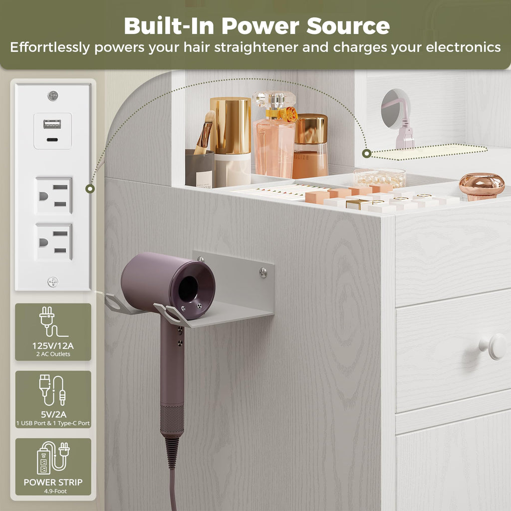 White Vanity Desk with Mirror & Power Outlet C450513