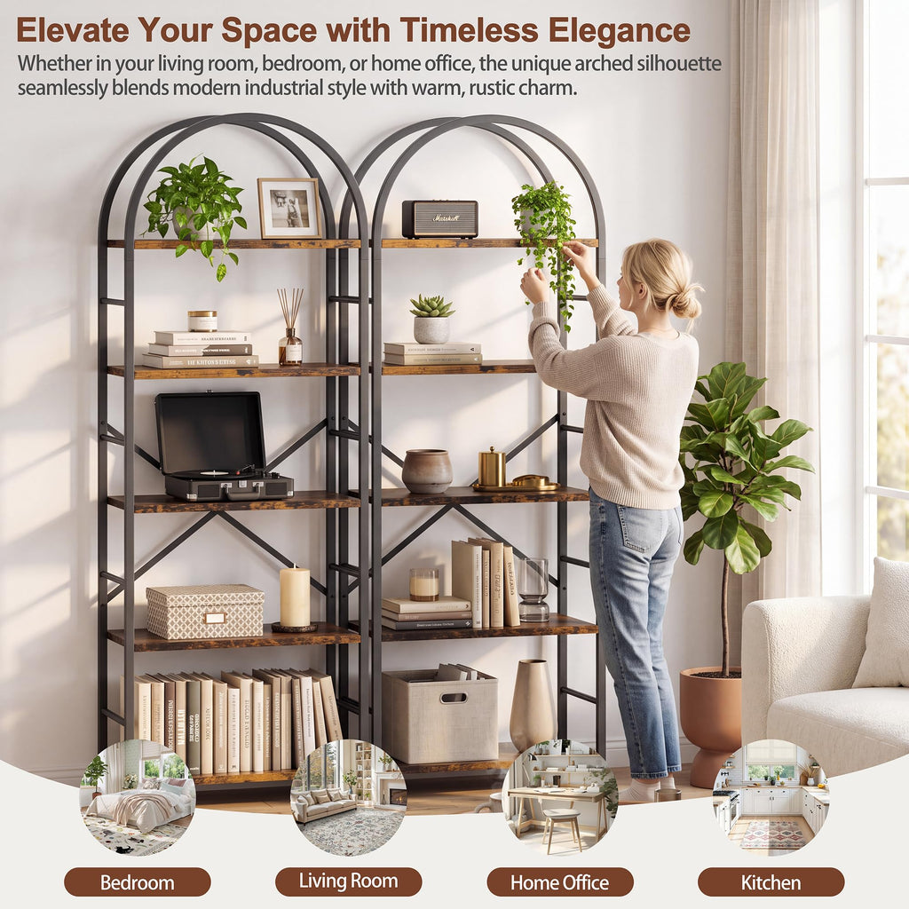 5 Tier Rustic Brown Bookshelf with Metal Frame R71474