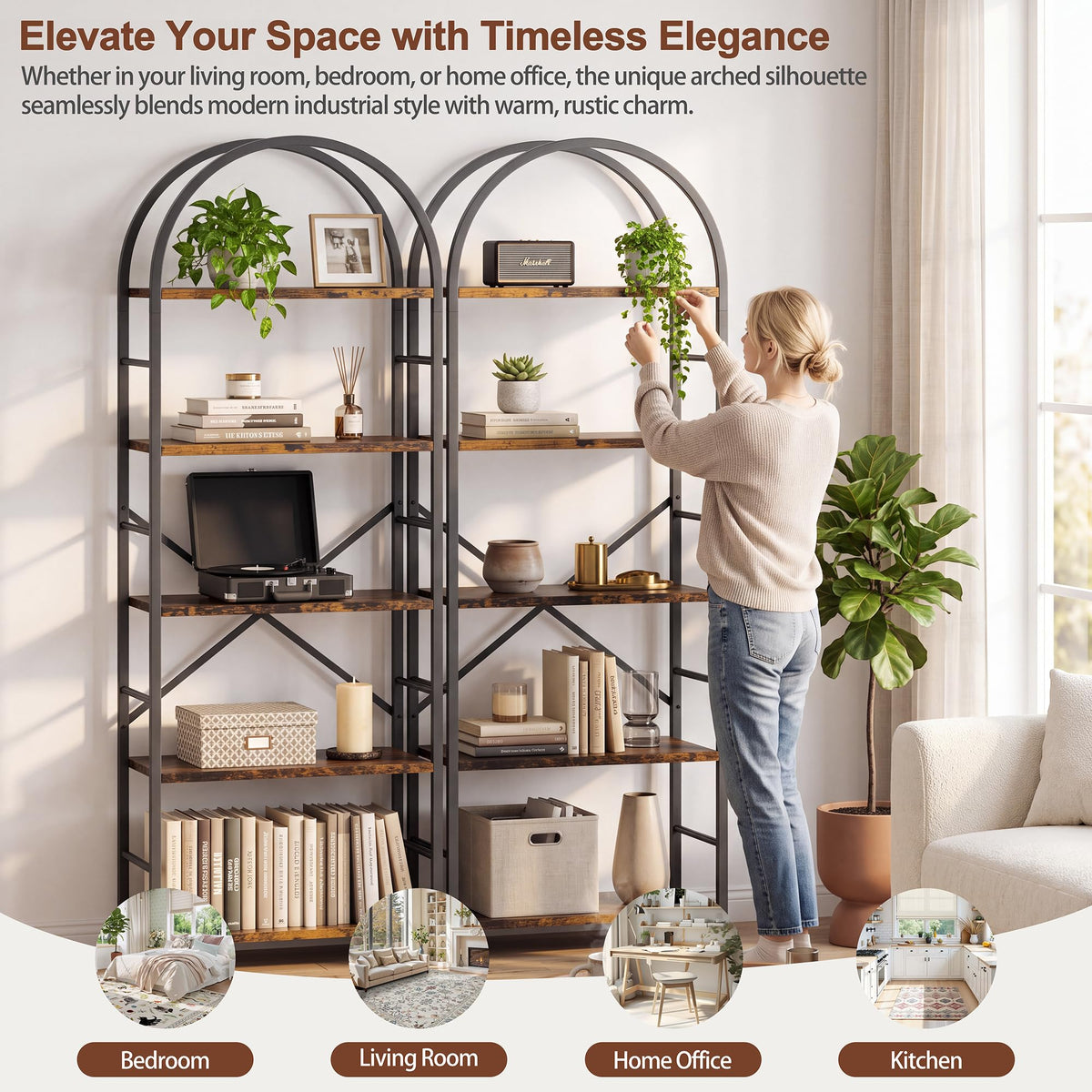 5 Tier Rustic Brown Bookshelf with Metal Frame R71474