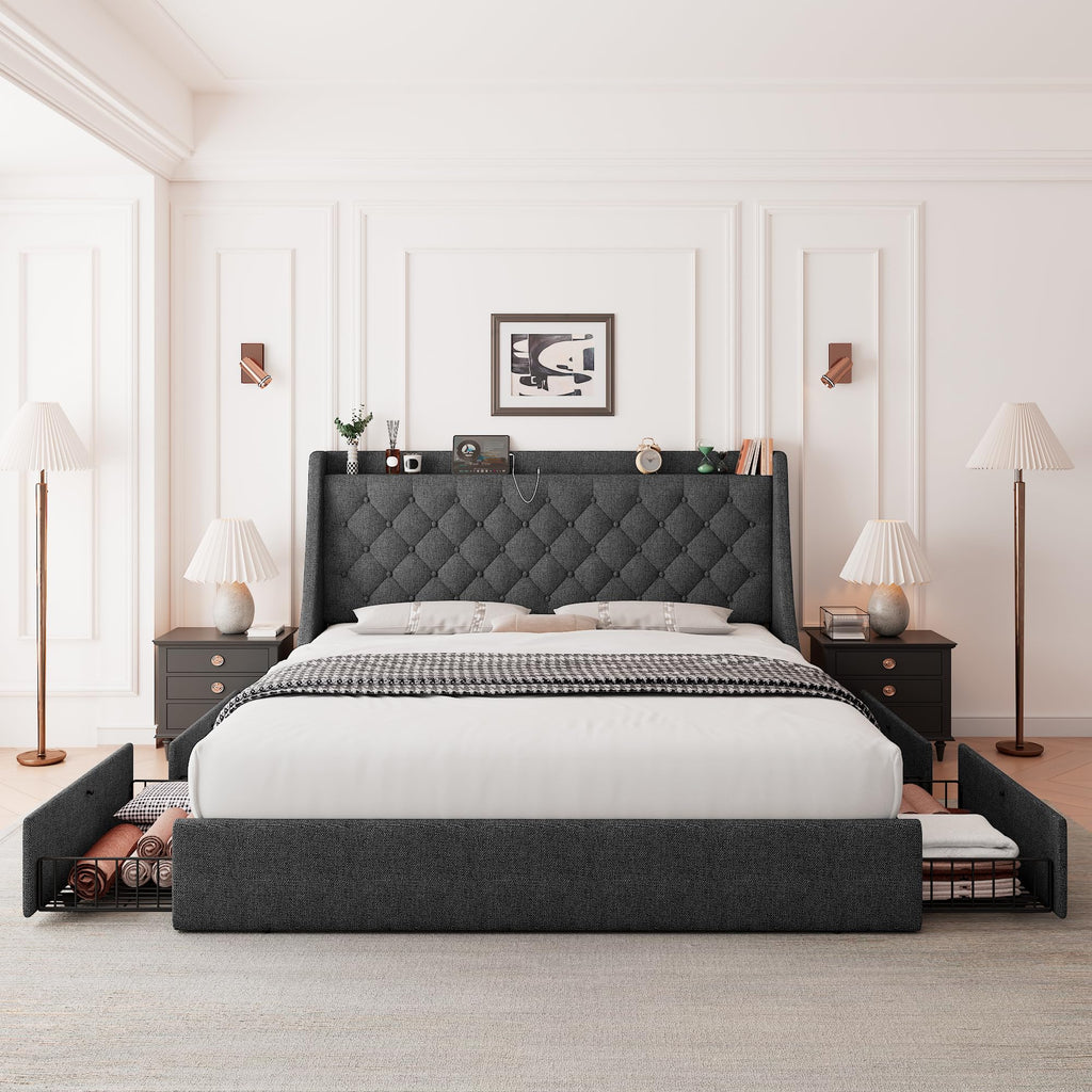 Queen Bed Frame with 4 Storage Drawers Upholstered Dark Grey A7811