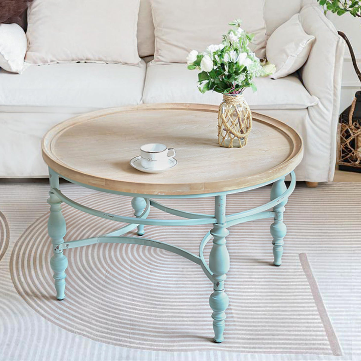 Round Solid Wood Coffee Table with Iron Legs U24155