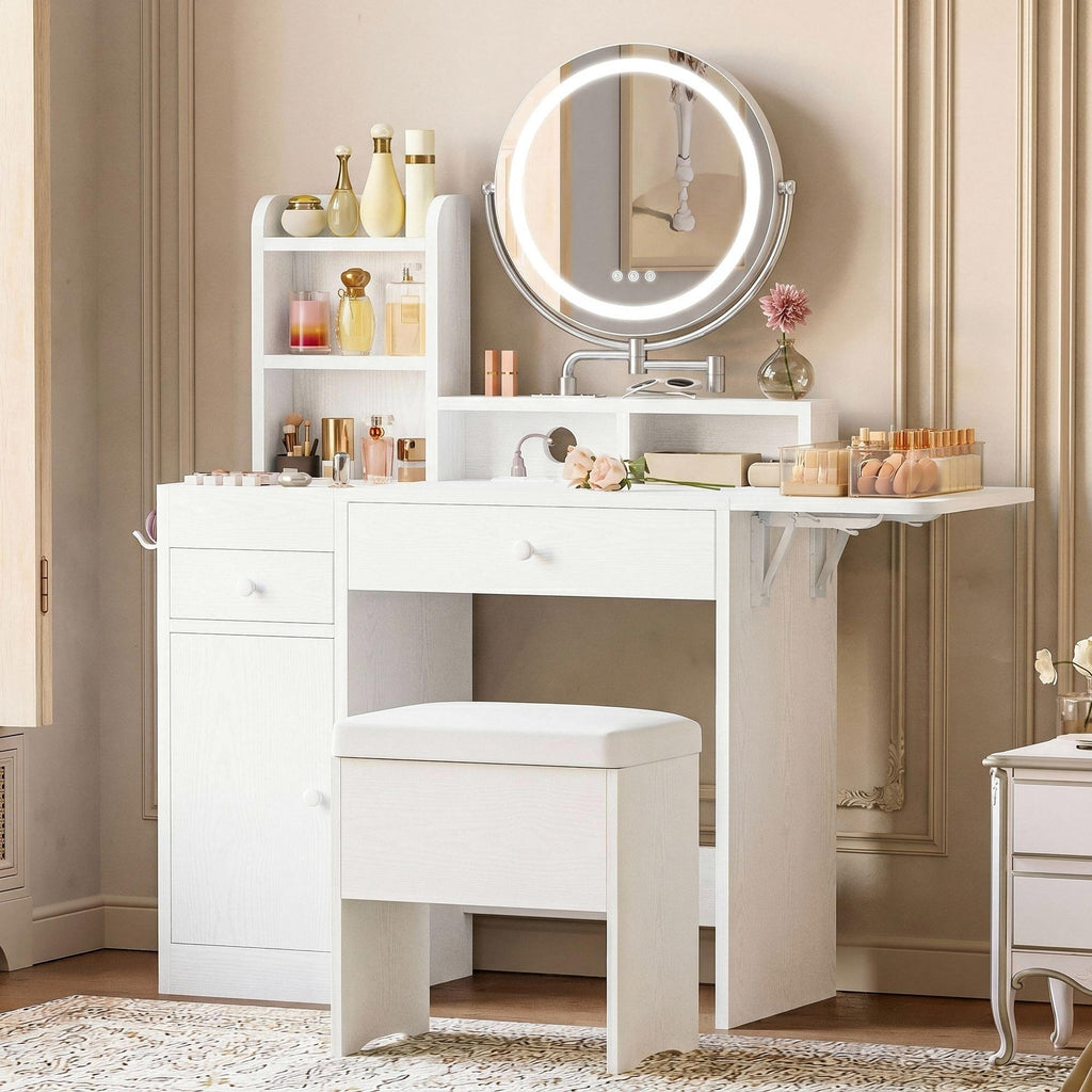 White Vanity Desk with Mirror & Power Outlet C450513