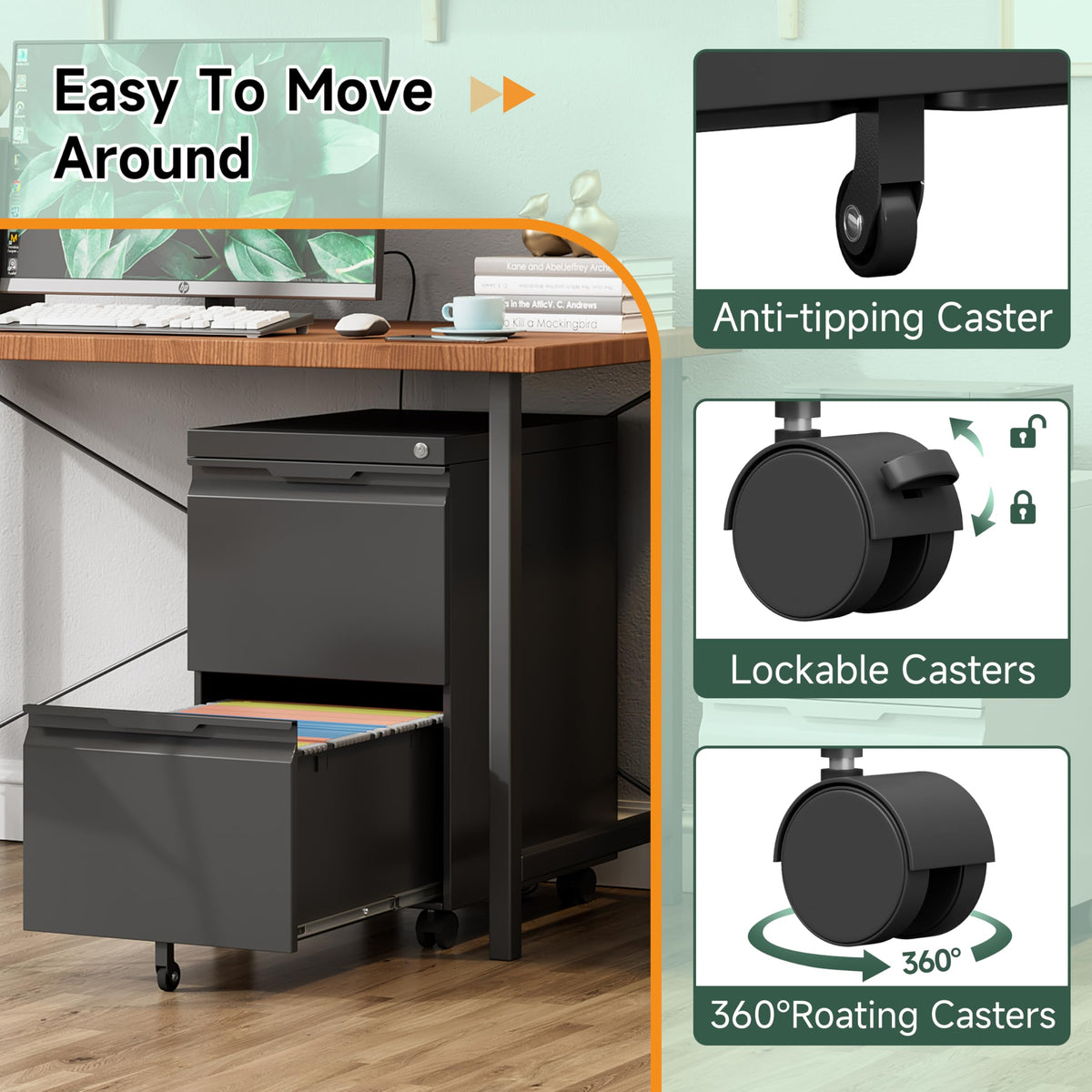Black 2 Drawer Metal Rolling File Cabinet with Lock D164892