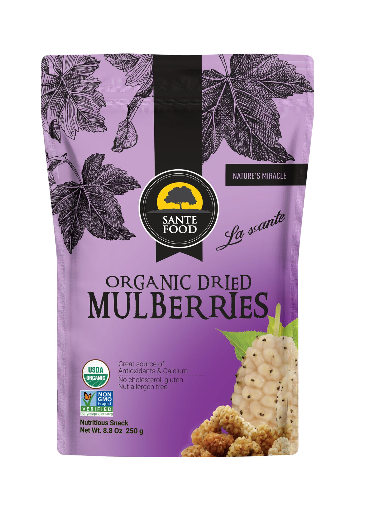 USDA Organic Sun Dried White Mulberries 8.8 Oz P1579