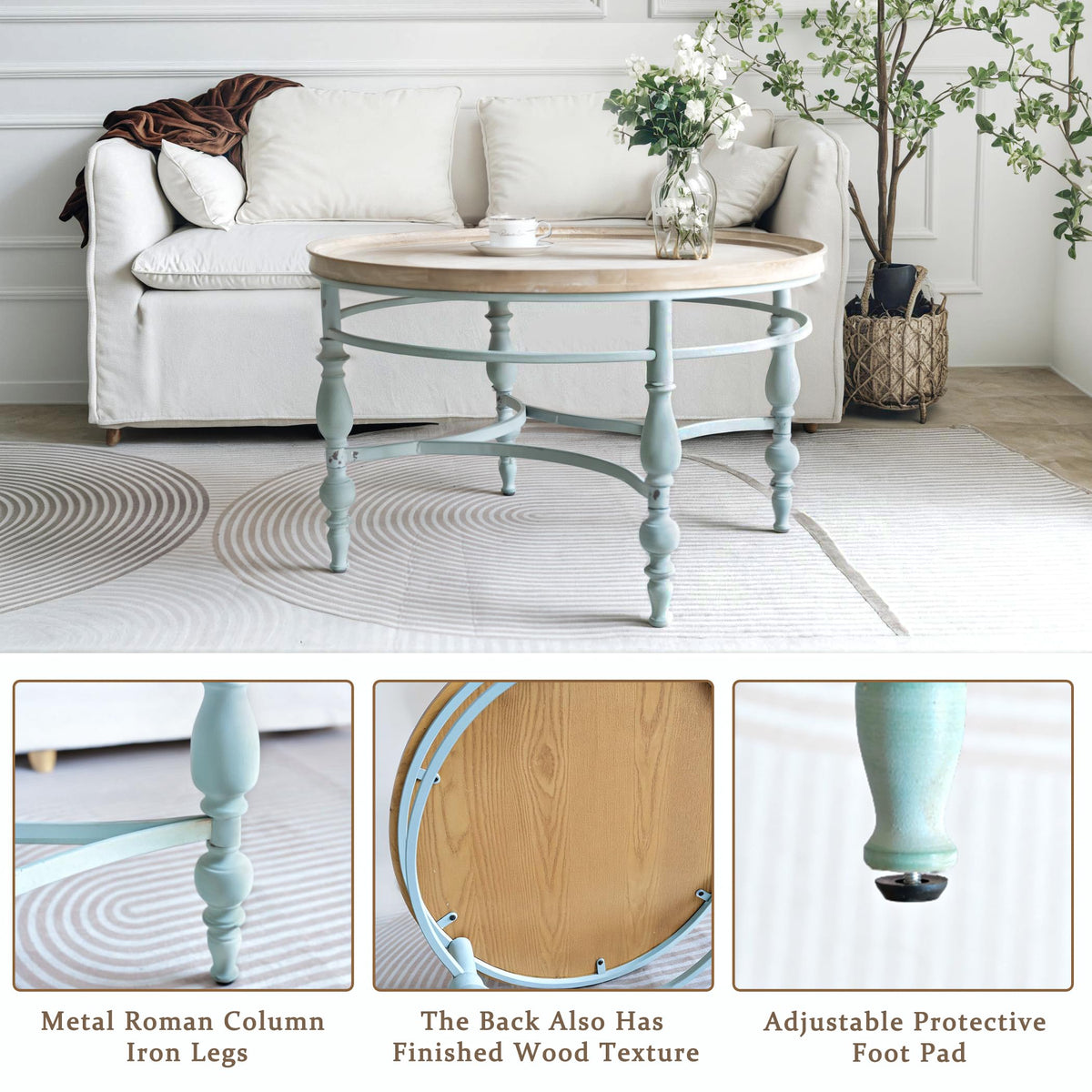 Round Solid Wood Coffee Table with Iron Legs U24155