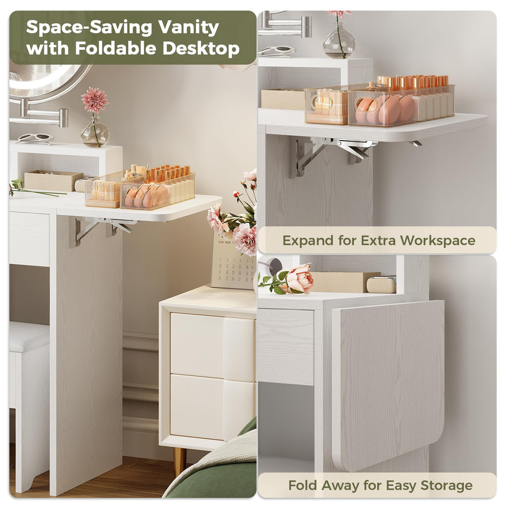 White Vanity Desk with Mirror & Power Outlet C450513
