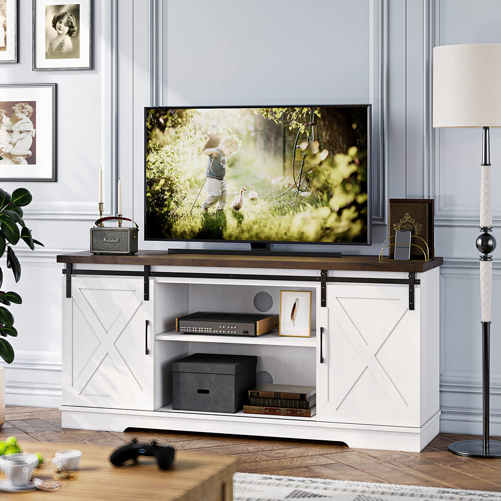 65 Inch TV Stand with Sliding Barn Doors and Storage Cabinet F80729
