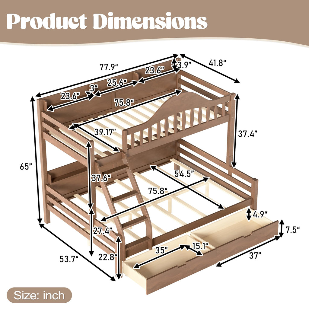 Twin Over Full Size Wooden Bunk Bed with Drawers & Ladder S507