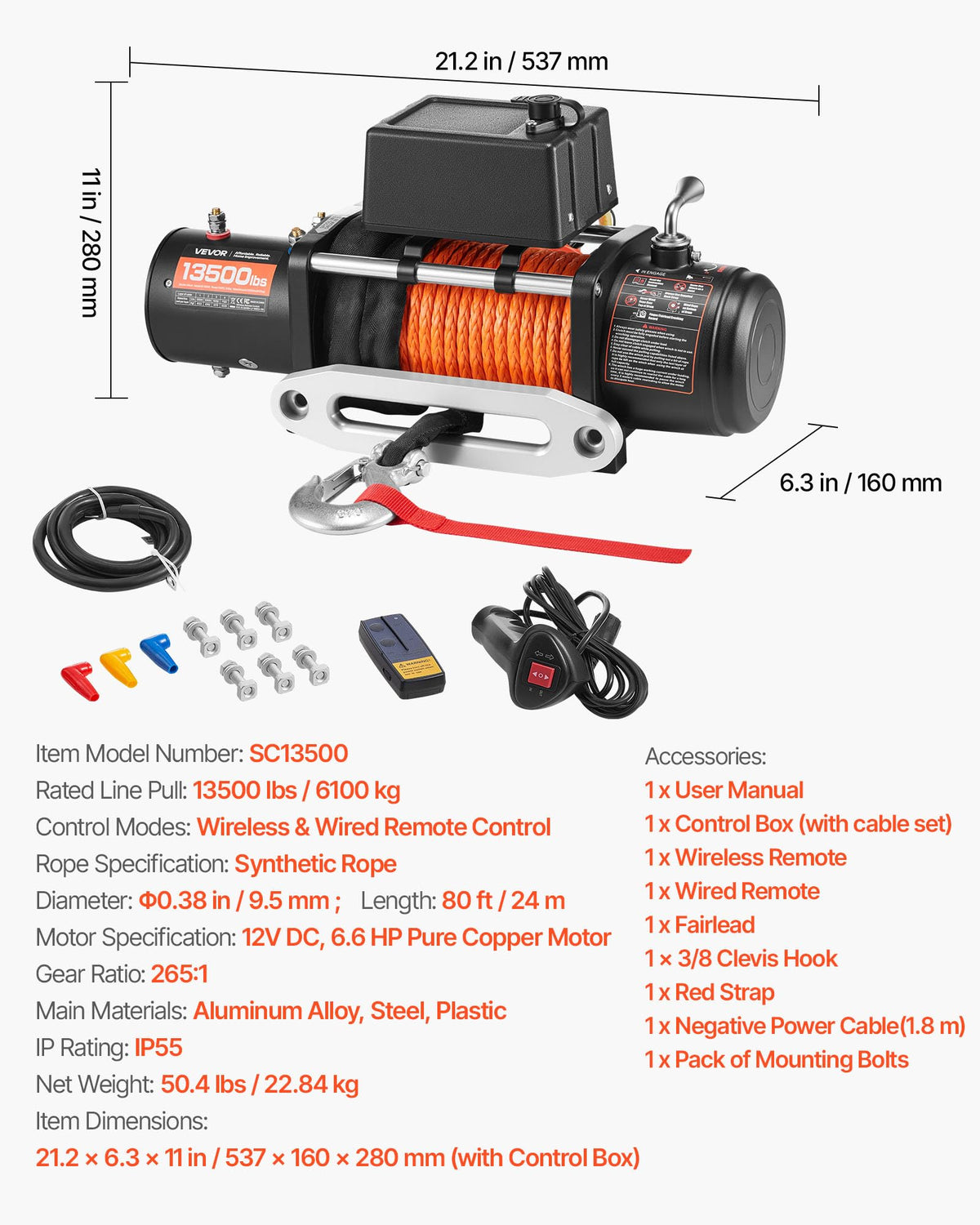 13,500 lb 12V DC Electric Truck Winch with Synthetic Rope M137