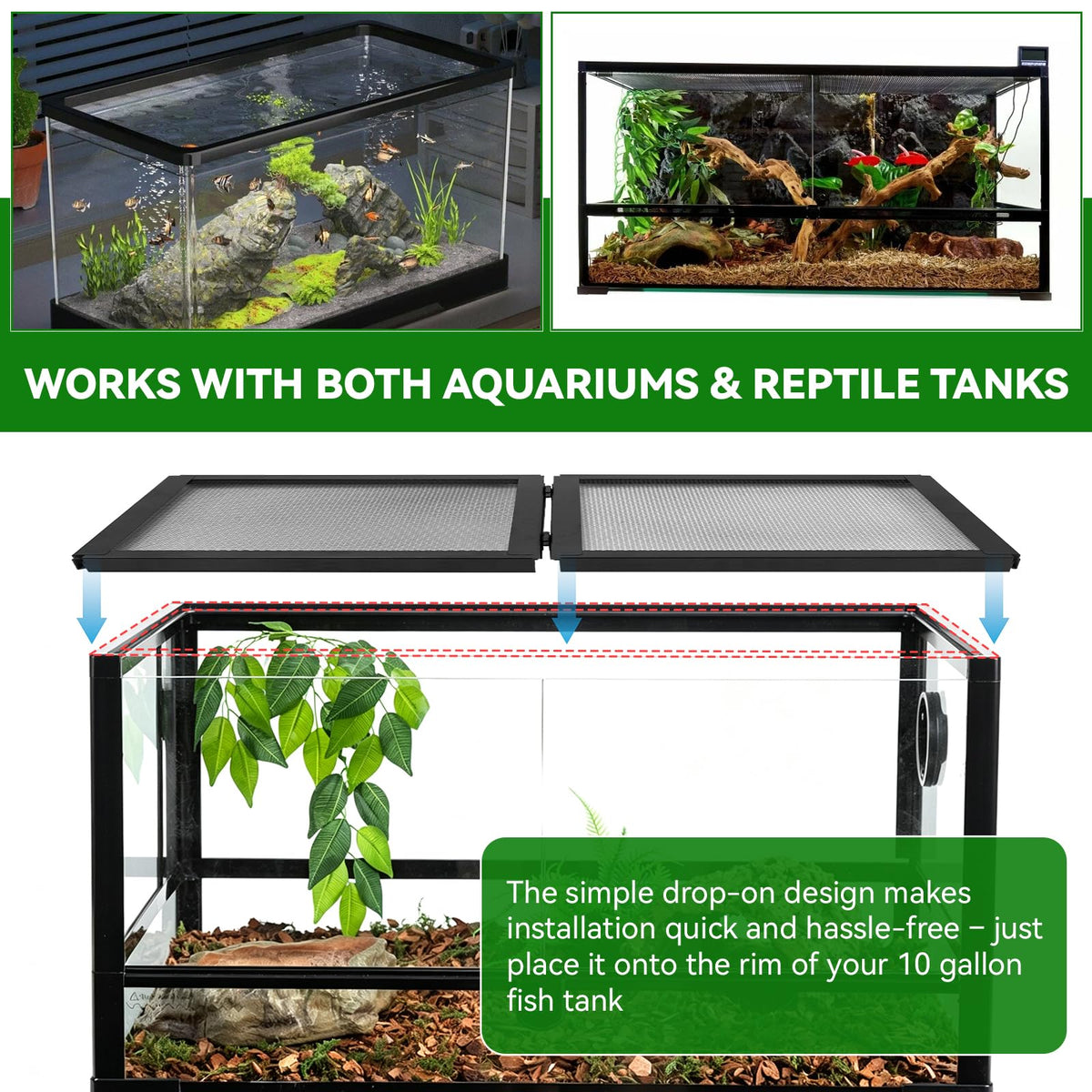10 Gallon Tank Lid, Hinged Terrarium Screen Cover, 20.8" x 10.8" O7636