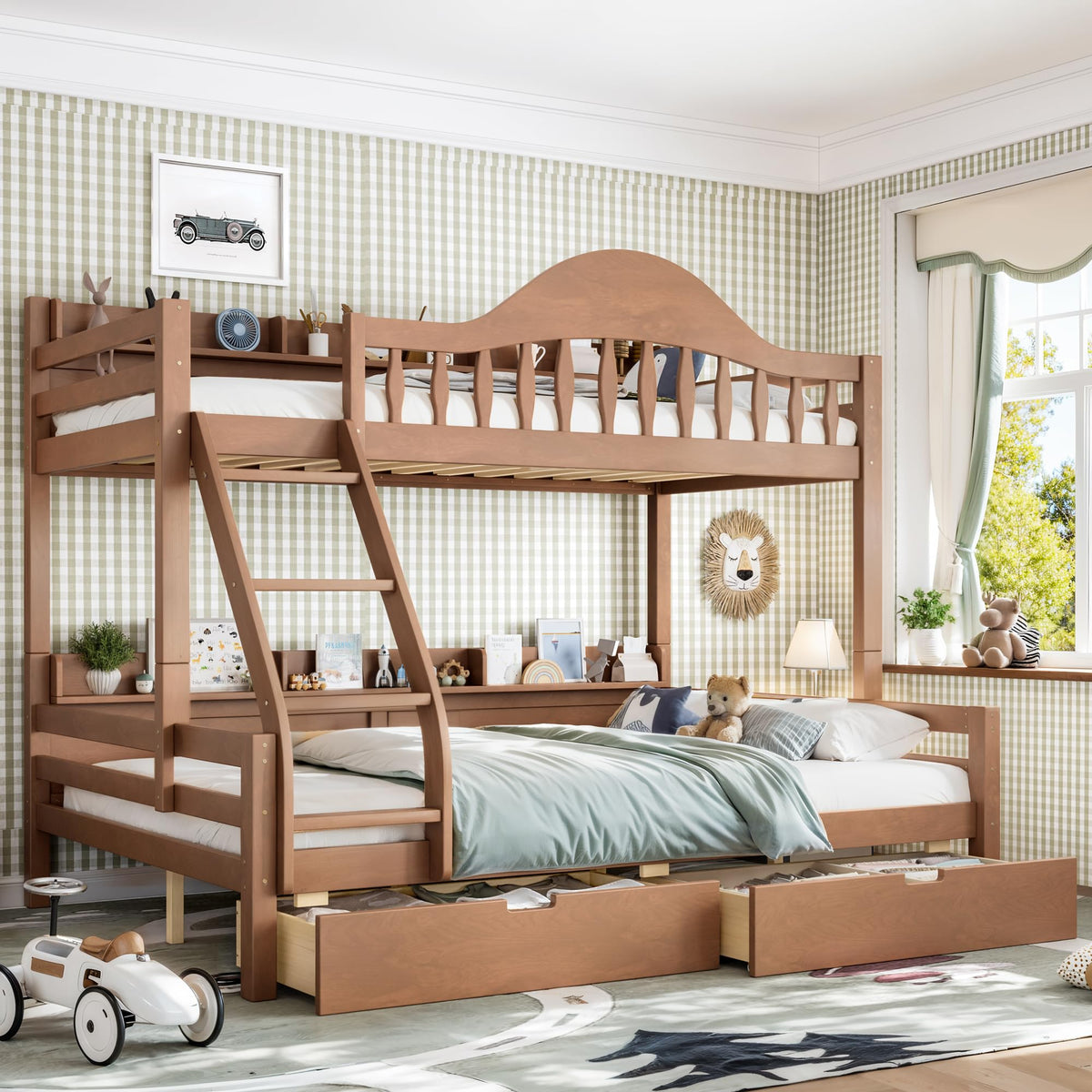 Twin Over Full Size Wooden Bunk Bed with Drawers & Ladder S507